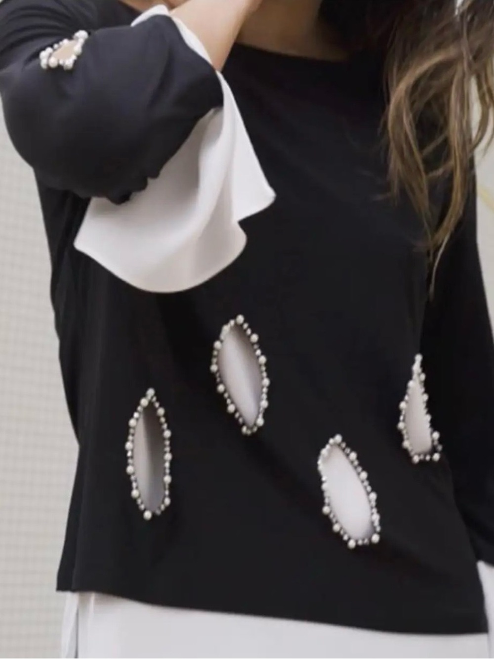 Joseph Ribkoff Black Tunic with White Layered Hem and Beaded Teardrop Accents - Picture 5 of 9